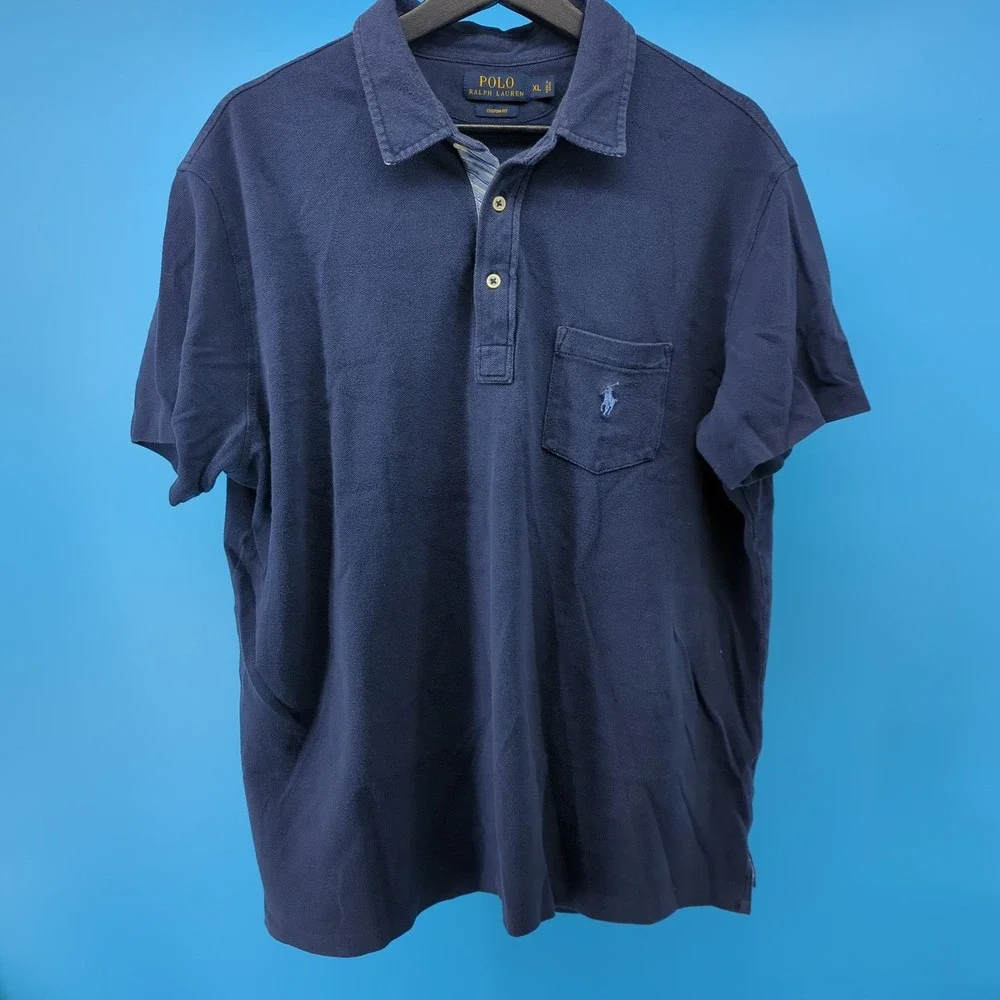 Polo Ralph Lauren Mens XL Custom Fit Navy Blue Mesh Pocket Shirt Short Sleeve
